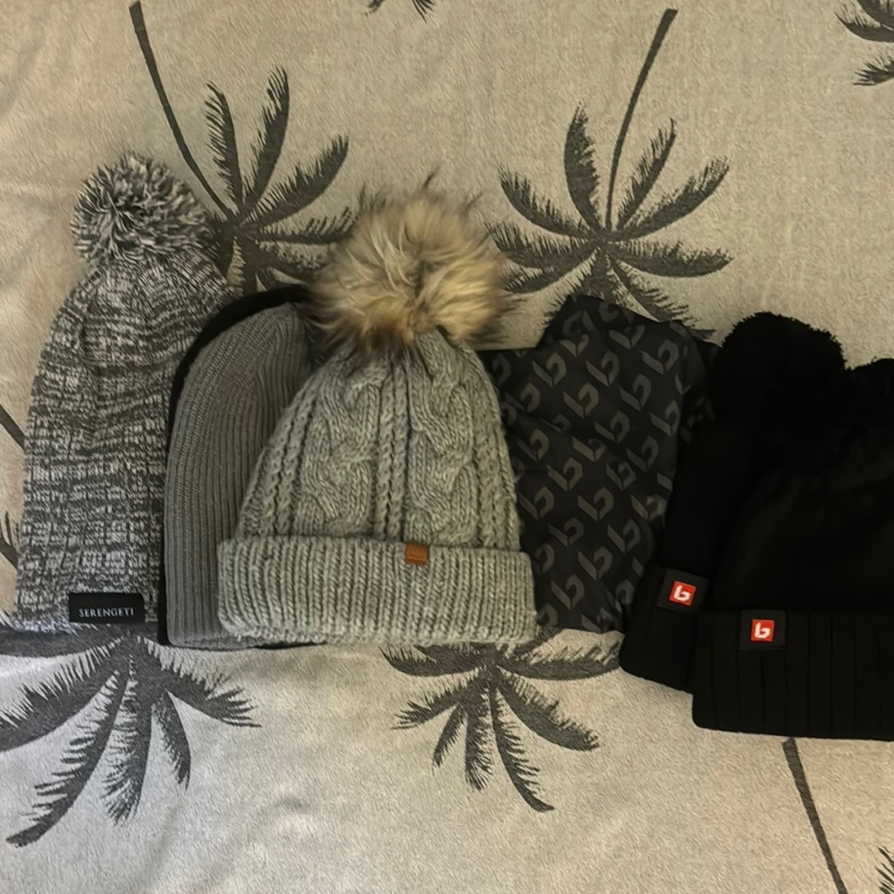 Gray and Black Beanie Set with Pom Pom